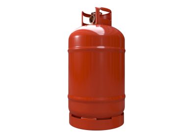 An unbranded metal gas cylinder with a bronze valve on an isolated white background - 3D render